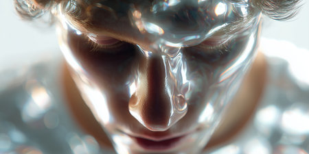 Shimmering artistic expression captured in a close-up of a reflective figure with an ethereal appearanceの素材