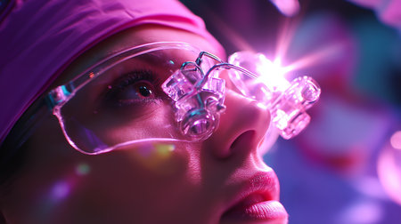 Surgeon using magnifying goggles during a complex surgical procedure in a modern operating room in the evening hoursの素材