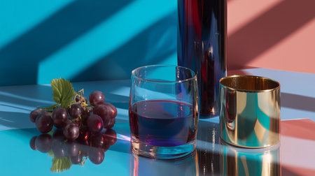 Colorful still life with glass, grapes, and modern metallic decor on a vibrant surfaceの素材