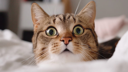 Cat lying on bed with wide eyes and curious expression in a cozy indoor setting during daylight hoursの素材