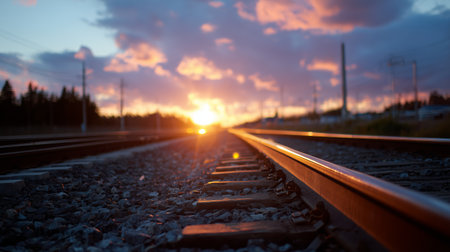 Sunset illuminates railway tracks stretching into the horizon with vibrant colors in a rural setting during evening hoursの素材