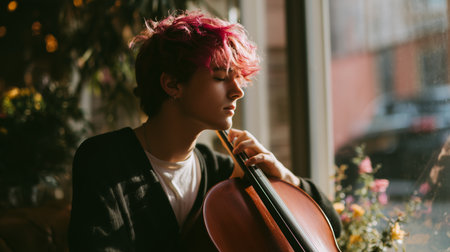 Young musician plays cello in cozy cafe during late afternoon light, surrounded by plants and flowersの素材