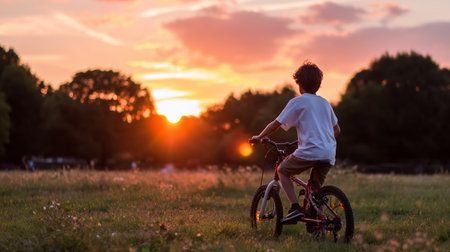 Child rides bicycle at sunset in field enjoying peaceful outdoor moment and beautiful evening colorsの素材