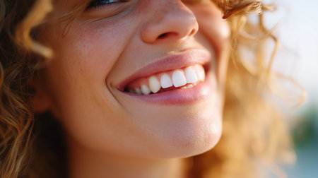 Smiling woman with curly hair enjoying a sunny moment outdoors during golden hourの素材