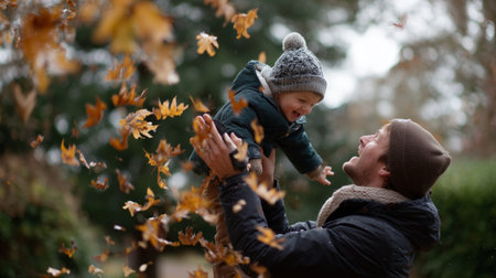 Father joyfully lifts toddler amidst falling autumn leaves in a serene park settingの素材