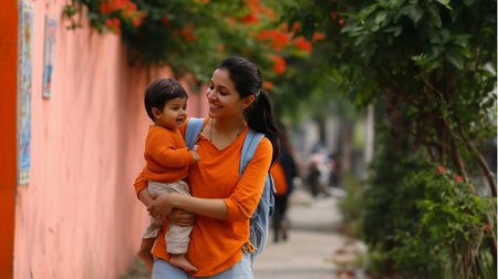 Mother and child enjoy a happy moment in a vibrant neighborhood filled with blooming flowersの素材