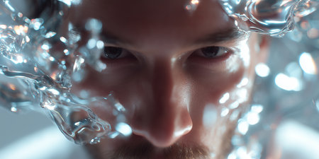 Close-up of a person surrounded by water droplets with intense expression in a dramatic light settingの素材