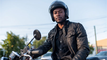 Motorcyclist in leather jacket enjoys a ride during the late afternoon in an urban area with clear skiesの素材