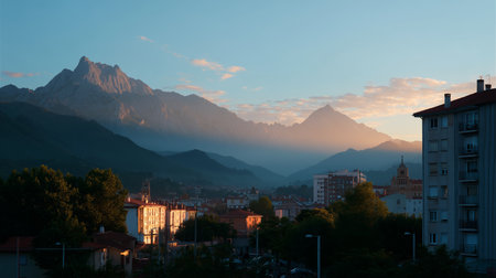 Majestic morning light embraces mountain peaks in a tranquil town setting during sunriseの素材