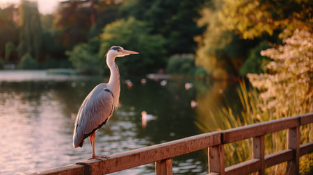 Gray heron perched on wooden railing by peaceful lake during golden hour in a serene natural settingの素材