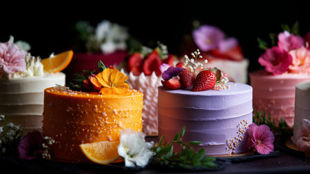 Beautifully decorated cakes arranged artfully with flowers and fruits on a dark backdrop at a dessert showcase eventの素材