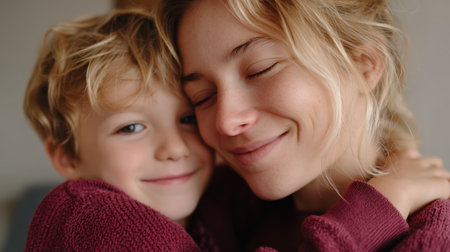 Warm embrace of mother and child in cozy indoor setting during a relaxed afternoonの素材