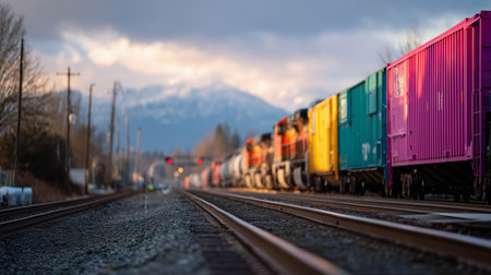 Train cars lined up on tracks with mountains in the background during golden hourの素材