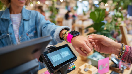 Customer using smartwatch for contactless payment at busy retail store checkout during the dayの素材
