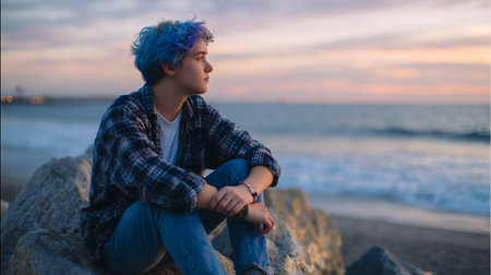Young man with blue hair sits on rocks at the beach during sunset, reflecting on the ocean view and serene surroundingsの素材