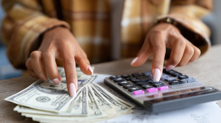 Hands calculating expenses with a calculator and cash on a table in a bright indoor settingの素材