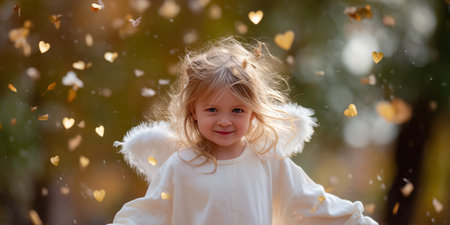 Child with angel wings surrounded by heart-shaped confetti in an outdoor setting during golden hour in autumnの素材
