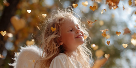 Young girl with angel wings enjoying heart-shaped leaves in a sunny outdoor setting during autumnの素材