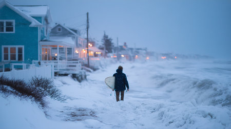 Surfer walks along snowy beach with surfboard amidst winter storm at coastal townの素材