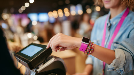 Shopping experience with wearable technology at a modern retail store during busy afternoon hoursの素材