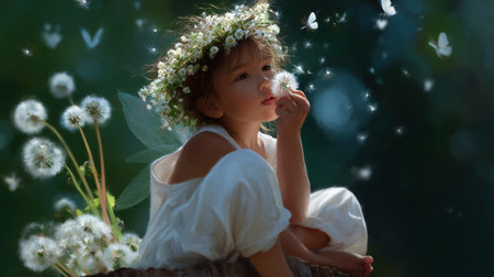 Child in a flower crown playing with dandelion fluff amidst butterflies in a serene garden at twilightの素材