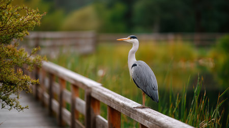 Grey heron standing on a wooden path near a serene pond in early morning lightの素材