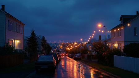Evening street illuminated by warm lights with reflections on wet pavement in a quiet neighborhoodの素材