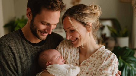 New parents joyfully bond with their newborn in a cozy indoor setting during a serene afternoonの素材