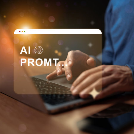 Creative process for generating AI prompts using a laptop in a cozy workspace setting at nightの写真素材