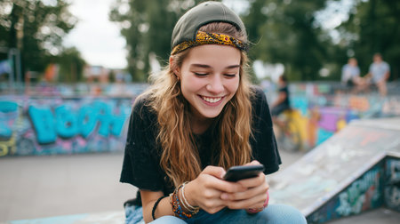 Young woman enjoys texting while sitting at a graffiti-covered skatepark on a sunny afternoonの素材
