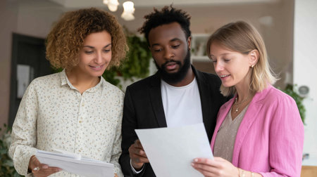 Team members discuss project details in modern office space during afternoon meetingの素材
