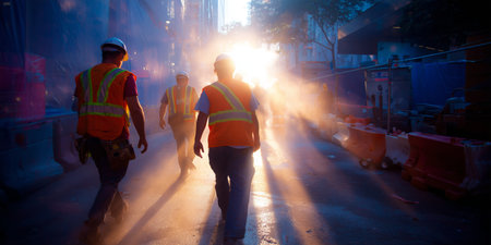 Construction workers walking in urban area with sunlight streaming through dust at sunsetの素材