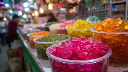 Colorful assortment of candies displayed at a bustling market in the evening during a vibrant shopping atmosphereの素材