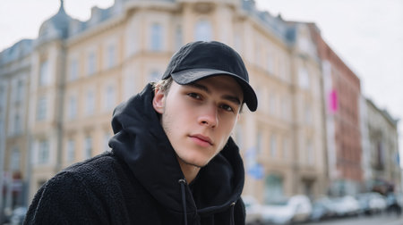 Young man wearing a black cap and hoodie poses confidently on an urban street with historical buildings in the backgroundの素材