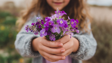 Child holds bouquet of colorful purple flowers on a sunny day outdoorsの素材