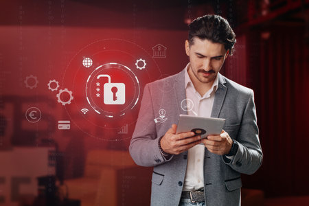 Professional man using tablet for online security analysis in modern office setting during evening hoursの写真素材