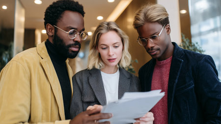 Group reviews documents in a modern office space during afternoon meetingの素材