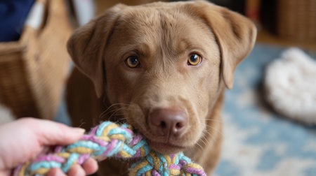 Cute dog plays with a colorful rope toy while looking curiously at its owner in a cozy indoor settingの素材