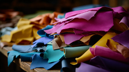 Colorful leather scraps arranged on a wooden table in a workshop used for crafting and designの素材