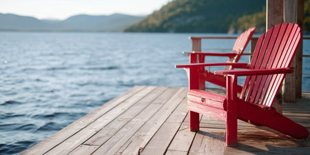 Relaxing wooden deck with red chairs by the tranquil lake at sunset in a scenic mountain locationの素材