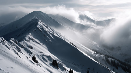 Snow-covered mountains under a moody sky with swirling clouds at dawnの素材