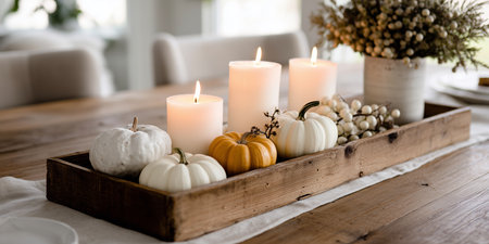 Decorative centerpiece featuring candles and small pumpkins for autumn gathering decor in a cozy dining spaceの素材