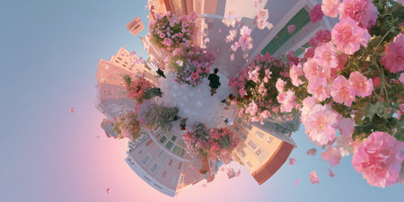 Colorful garden with blooming roses and people enjoying the peaceful atmosphere in an urban setting during sunsetの素材