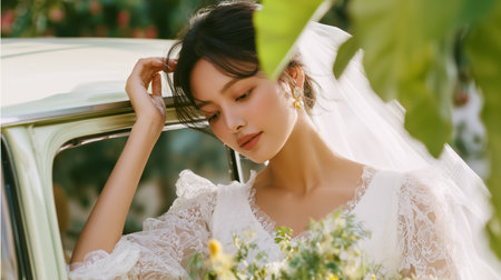 Beautiful bride in vintage car holding bouquet of flowers during outdoor wedding ceremony in sunny garden settingの素材