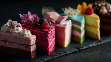 Delightful dessert showcase features a colorful assortment of cakes with intricate decorations displayed on a dark slate backgroundの素材