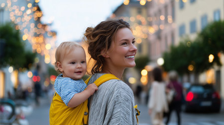 Mother carries baby on back while walking through a beautifully lit street in the eveningの素材