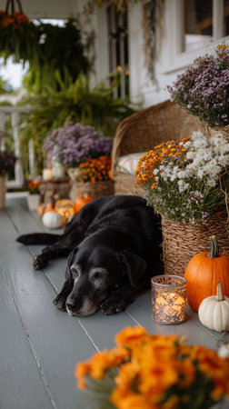 Cozy autumn afternoon with a black dog resting among pumpkins and flowers on a porch decorated for fallの素材