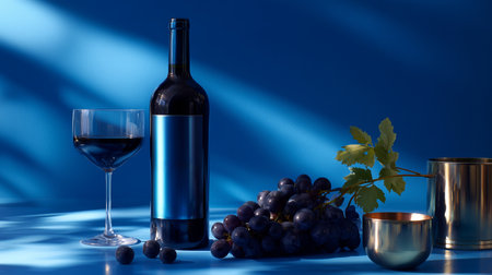 Elegant still life featuring red wine, fresh grapes, and shiny gold accents on a vibrant blue backgroundの素材