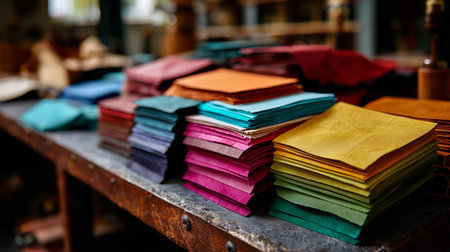 Colorful stacks of leather swatches in a crafting workshop capturing creative potential in a workspace during daylight hoursの素材