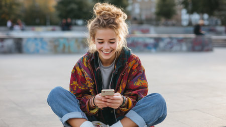 Young woman enjoys texting while seated outdoors in a public square during daytime in an urban settingの素材